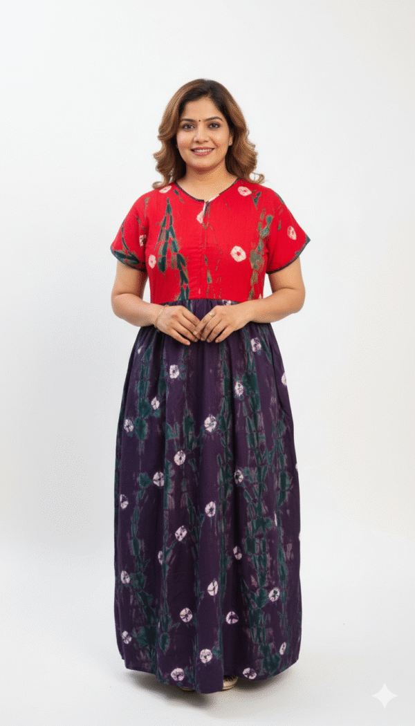 YANIRA Frock Style Cotton Nighty with Front Zip (Red-Purple)