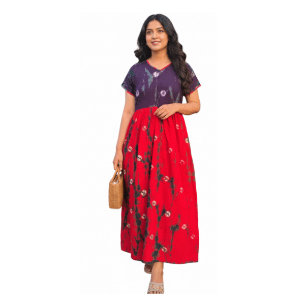 YANIRA Frock Style Cotton Nighty with Front Zip (Purple-Orange)