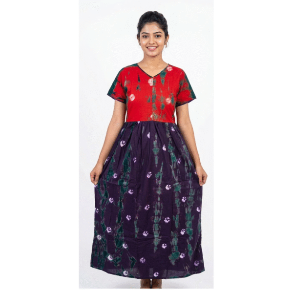 YANIRA Frock Style Cotton Nighty with Front Zip (Red-Purple)