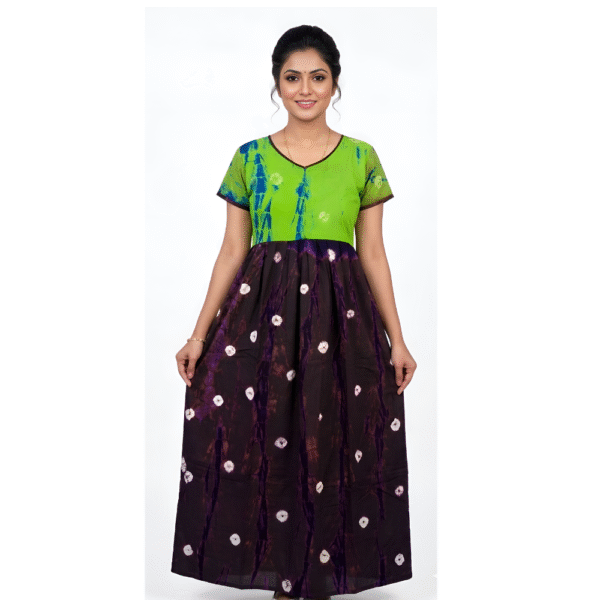 YANIRA Frock Style Cotton Nighty with Front Zip (Green-Brown)