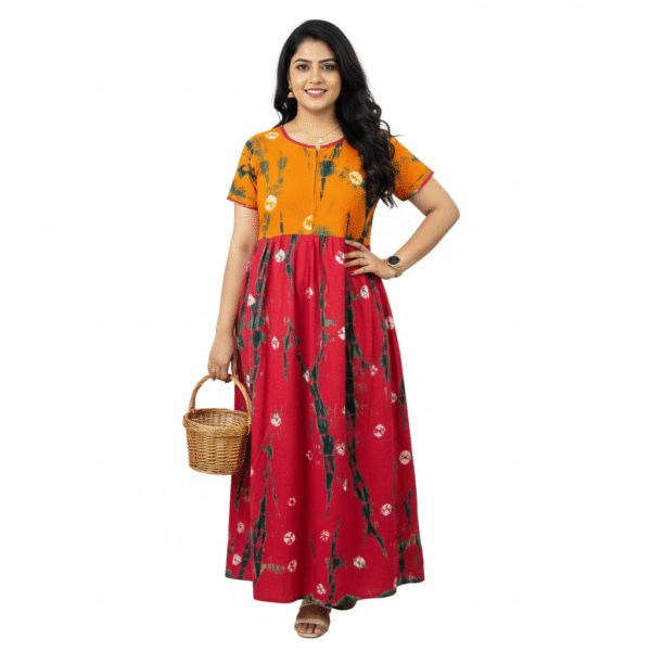 YANIRA Frock Style Cotton Nighty with Front Zip (Orange-Pink)