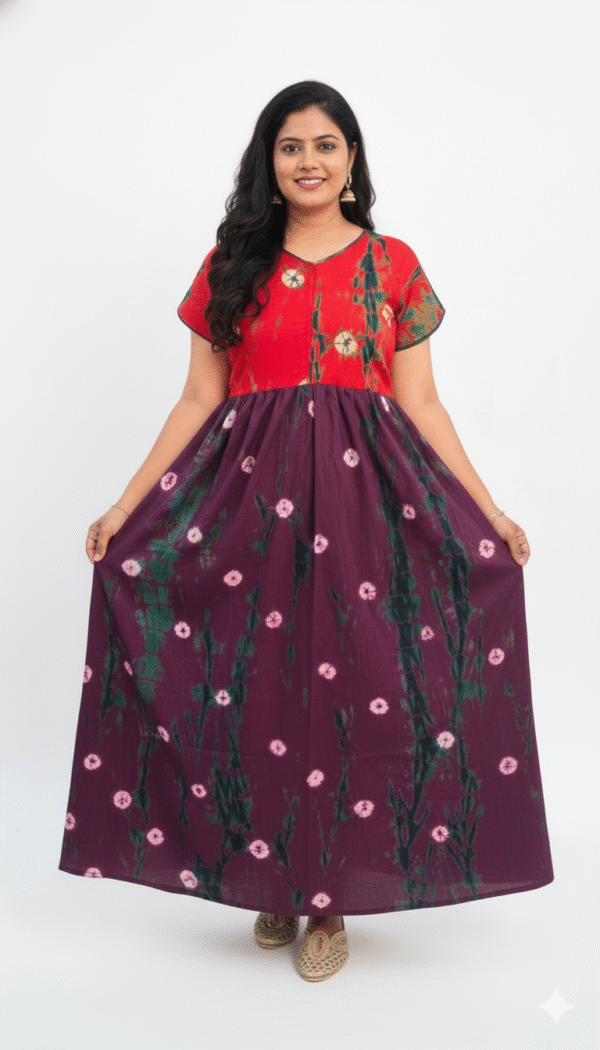 YANIRA Frock Style Cotton Nighty with Front Zip (Orange-Purple)