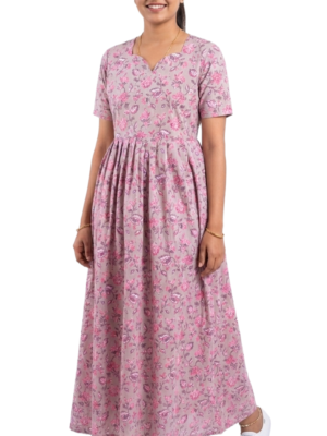 YANIRA Maxi Style Jaipur Cotton Nighty | Frock Style Nighty (Light Pink)