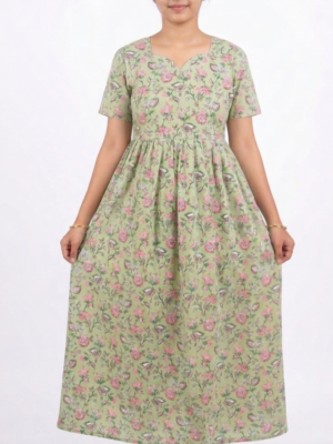 YANIRA Maxi Style Jaipur Cotton Nighty | Frock Style Nighty (Green)