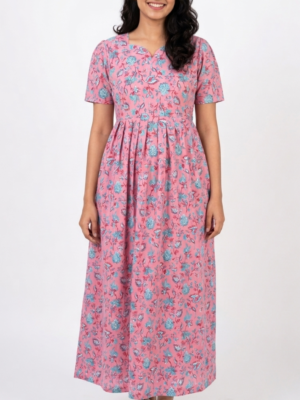 YANIRA Maxi Style Jaipur Cotton Nighty | Frock Style Nighty (Dark Pink)