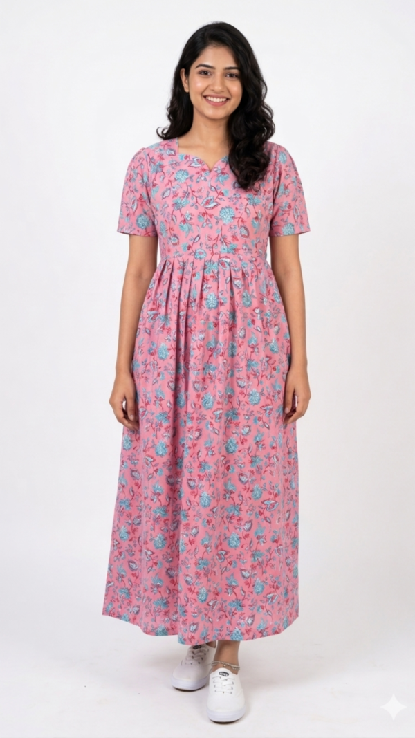 YANIRA Maxi Style Jaipur Cotton Nighty | Frock Style Nighty (Dark Pink)