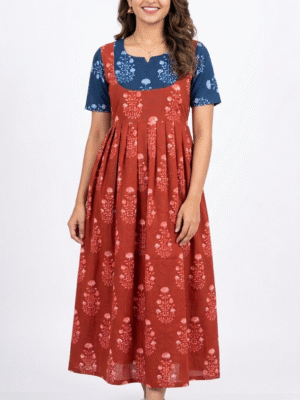 YANIRA Maxi Style Jaipur Cotton Nighty | Frock Style Nighty (Neck Patch-Rust Red)