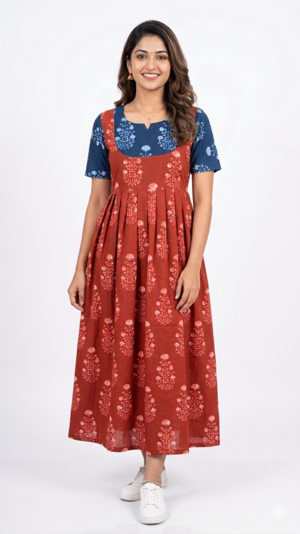 YANIRA Maxi Style Jaipur Cotton Nighty | Frock Style Nighty (Neck Patch-Rust Red)