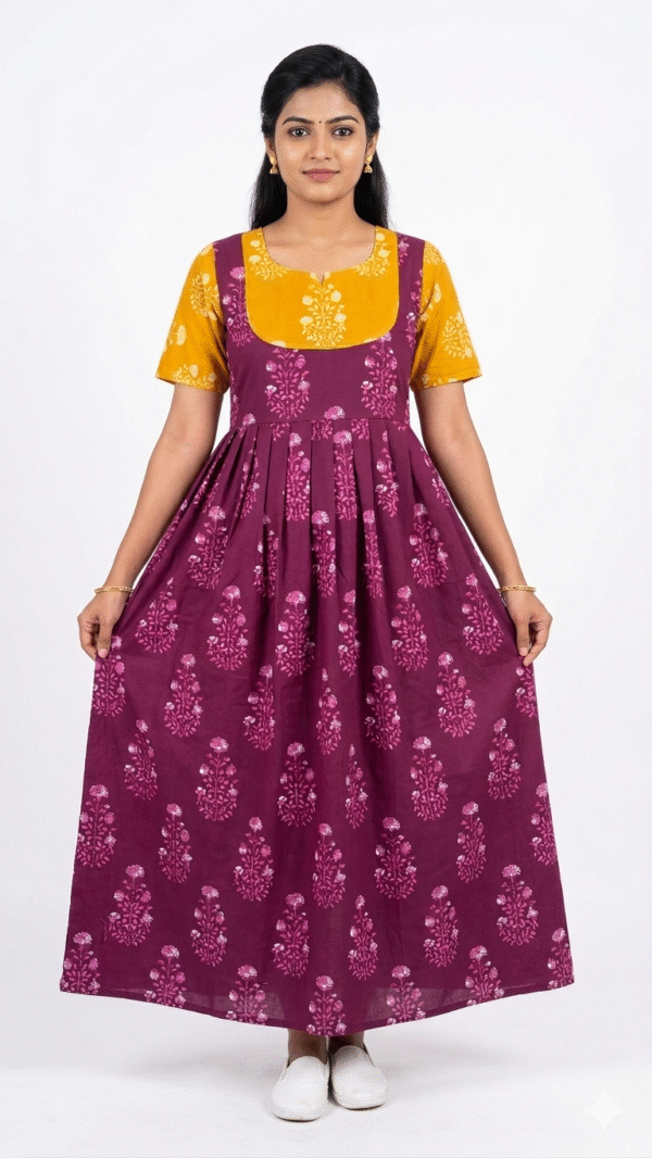 YANIRA Maxi Style Jaipur Cotton Nighty | Frock Style Nighty (Neck Patch-Marron)