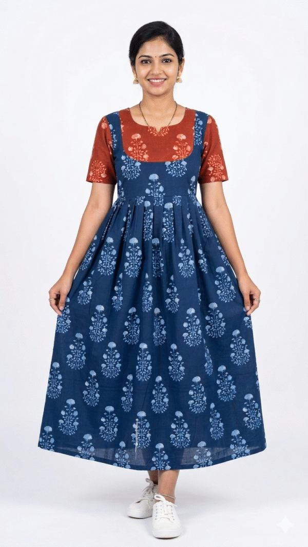 YANIRA Maxi Style Jaipur Cotton Nighty | Frock Style Nighty (Neck Patch-Cobalt Blue)