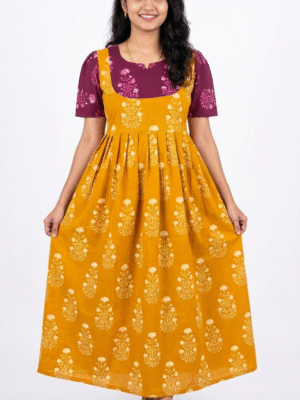 YANIRA Maxi Style Jaipur Cotton Nighty | Frock Style Nighty (Neck Patch-Mustard Yellow)
