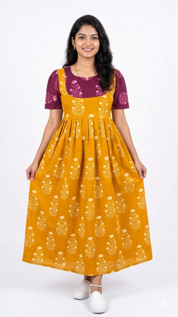 YANIRA Maxi Style Jaipur Cotton Nighty | Frock Style Nighty (Neck Patch-Mustard Yellow)