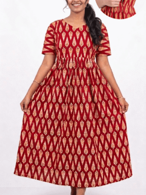 YANIRA Frock Style Jaipur Cotton Nighty [Feeding-Double Zip]-Red