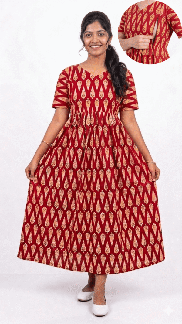 YANIRA Frock Style Jaipur Cotton Nighty [Feeding-Double Zip]-Red