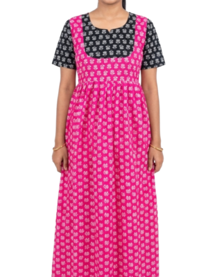 YANIRA Maxi Style Jaipur Cotton Nighty | Frock Style Nighty (Neck Patch-Black-Pink)