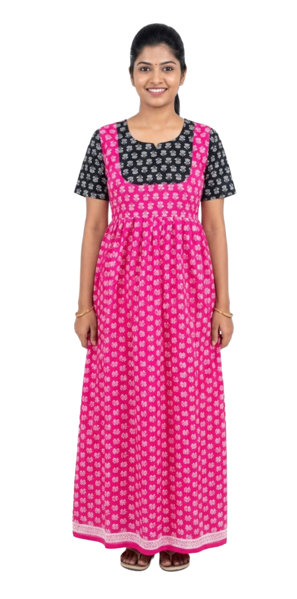 YANIRA Maxi Style Jaipur Cotton Nighty | Frock Style Nighty (Neck Patch-Black-Pink)