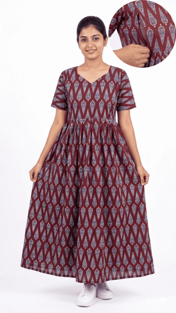 YANIRA Frock Style Jaipur Cotton Nighty [Feeding-Double Zip]-Maroon