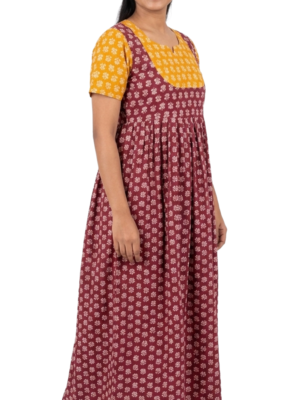 YANIRA Maxi Style Jaipur Cotton Nighty | Frock Style Nighty (Neck Patch-Yellow-Maroon)