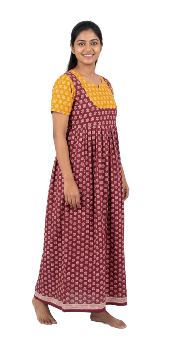 YANIRA Maxi Style Jaipur Cotton Nighty | Frock Style Nighty (Neck Patch-Yellow-Maroon)