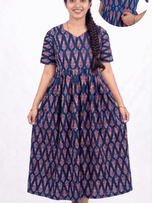 YANIRA Frock Style Jaipur Cotton Nighty [Feeding-Double Zip]-Navy Blue