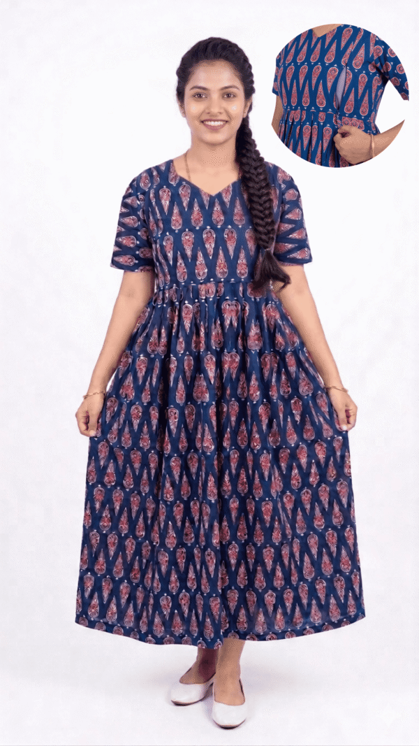 YANIRA Frock Style Jaipur Cotton Nighty [Feeding-Double Zip]-Navy Blue