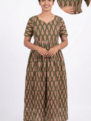 YANIRA Frock Style Jaipur Cotton Nighty [Feeding-Double Zip]-Olive Green