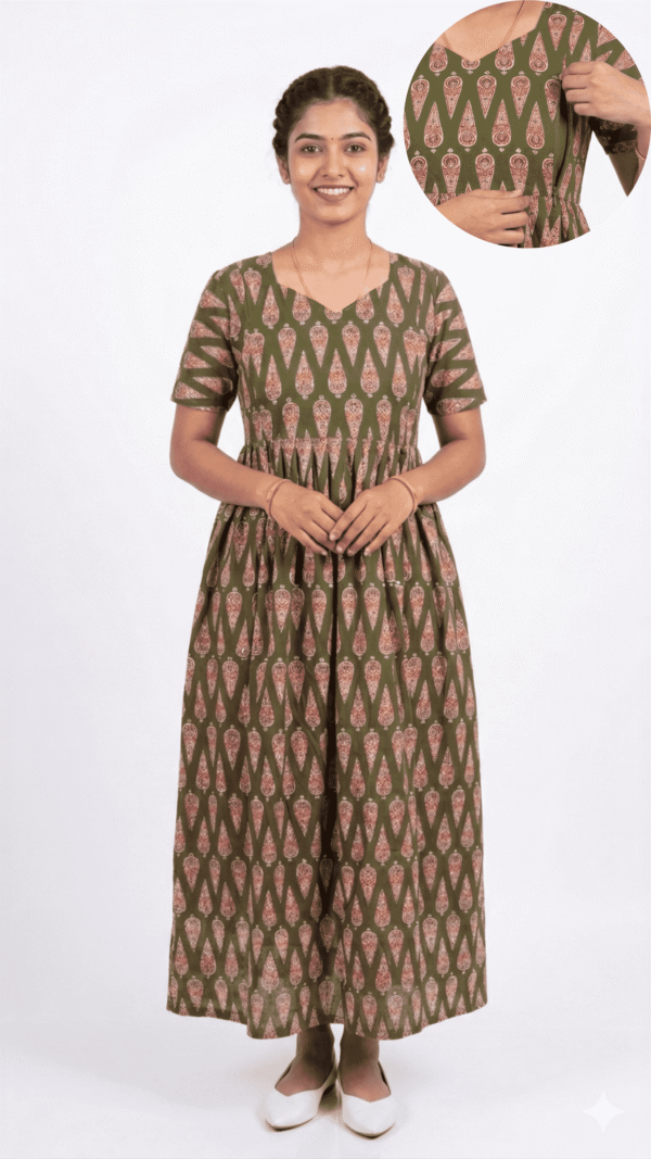 YANIRA Frock Style Jaipur Cotton Nighty [Feeding-Double Zip]-Olive Green