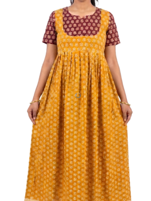 YANIRA Maxi Style Jaipur Cotton Nighty | Frock Style Nighty (Neck Patch-Maroon-Yellow)