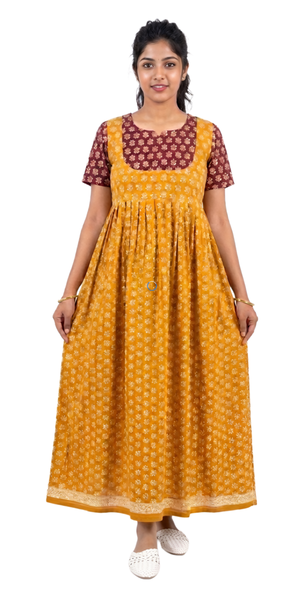 YANIRA Maxi Style Jaipur Cotton Nighty | Frock Style Nighty (Neck Patch-Maroon-Yellow)