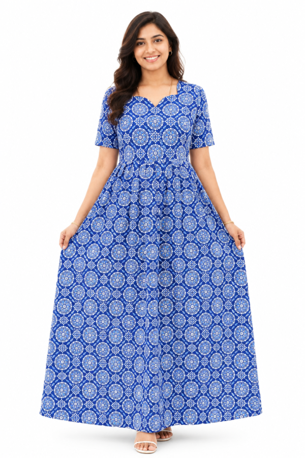 YANIRA Maxi Style Jaipur Cotton Nighty | Frock Style Nightgown (Blue Circle Print)