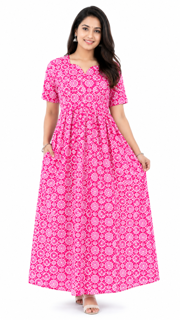 YANIRA Maxi Style Jaipur Cotton Nighty | Frock Style Nightgown (Blush Pink Circle Print)