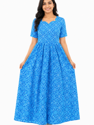 YANIRA Maxi Style Jaipur Cotton Nighty | Frock Style Nightgown (Bright Blue Petal Design)