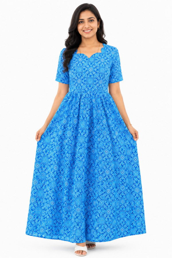 YANIRA Maxi Style Jaipur Cotton Nighty | Frock Style Nightgown (Bright Blue Petal Design)