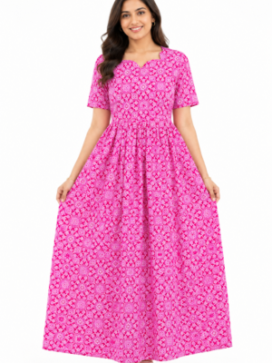 YANIRA Maxi Style Jaipur Cotton Nighty | Frock Style Nightgown (Bright Pink Petal Design)
