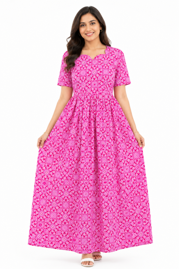YANIRA Maxi Style Jaipur Cotton Nighty | Frock Style Nightgown (Bright Pink Petal Design)