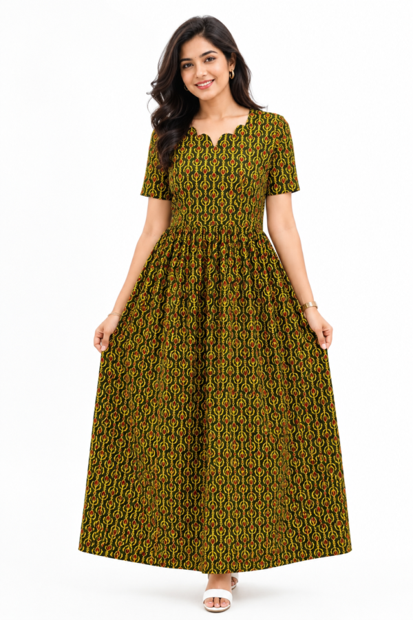 YANIRA Maxi Style Jaipur Cotton Nighty | Frock Style Nightgown (Green Tribal Stripe)
