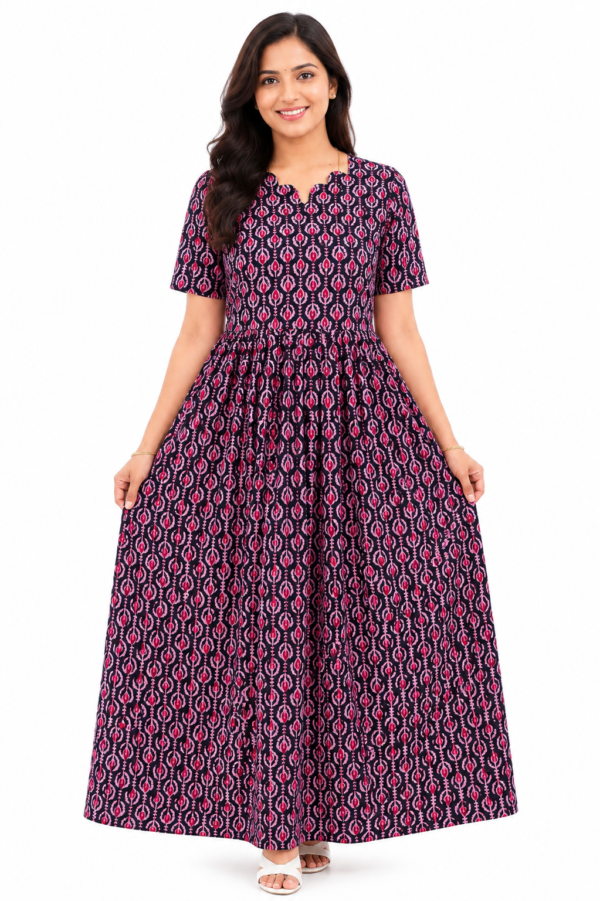 YANIRA Maxi Style Jaipur Cotton Nighty | Frock Style Nightgown (Indigo Tribal Stripe)