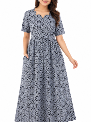 YANIRA Maxi Style Jaipur Cotton Nighty | Frock Style Nightgown (Jet Black Petal Design)