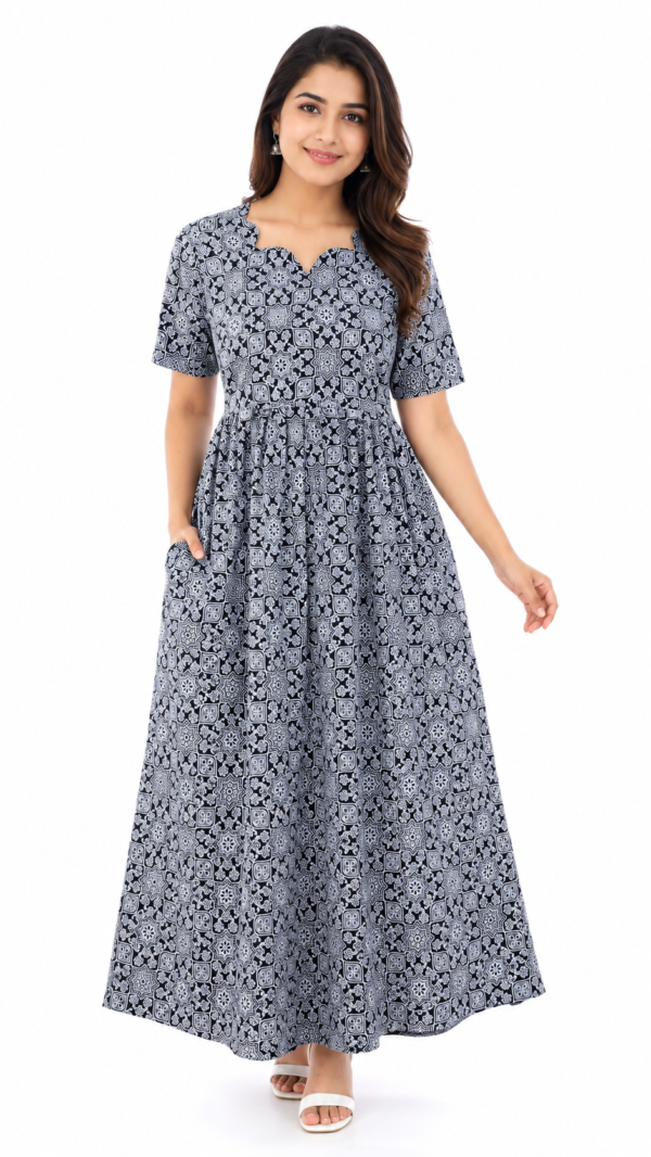 YANIRA Maxi Style Jaipur Cotton Nighty | Frock Style Nightgown (Jet Black Petal Design)