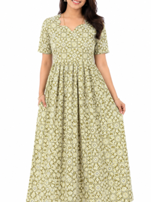YANIRA Maxi Style Jaipur Cotton Nighty | Frock Style Nightgown (Light Green Petal Design)