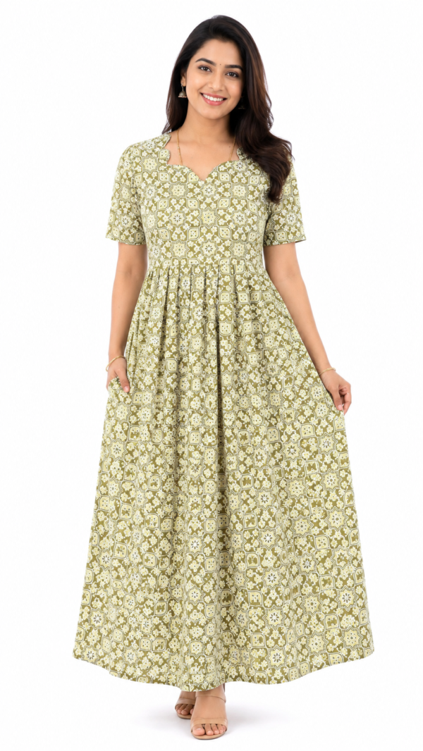 YANIRA Maxi Style Jaipur Cotton Nighty | Frock Style Nightgown (Light Green Petal Design)