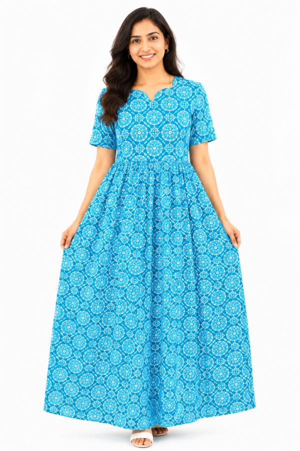 YANIRA Maxi Style Jaipur Cotton Nighty | Frock Style Nightgown (Ocean White Circle Print)