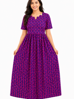 YANIRA Maxi Style Jaipur Cotton Nighty | Frock Style Nightgown (Pink Tribal Stripe)