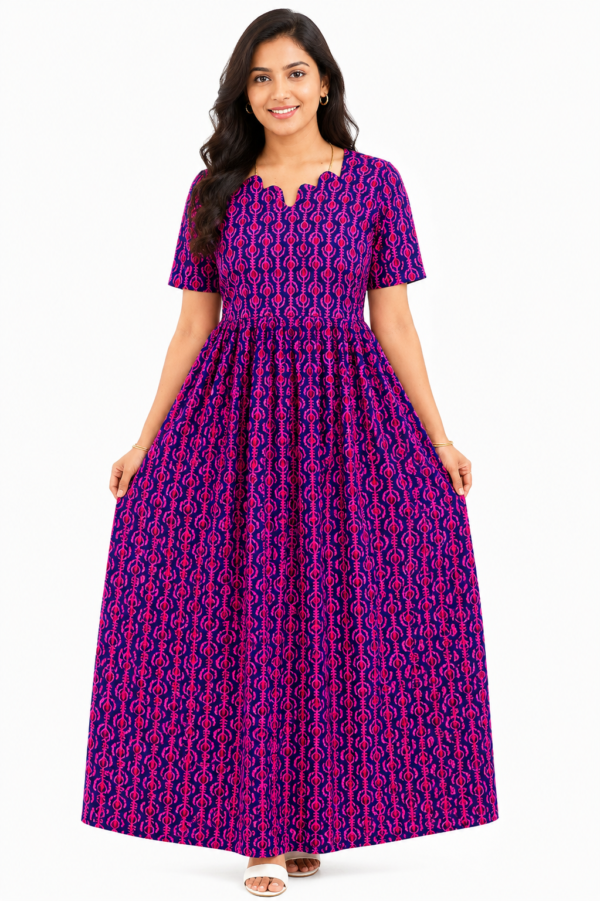 YANIRA Maxi Style Jaipur Cotton Nighty | Frock Style Nightgown (Pink Tribal Stripe)