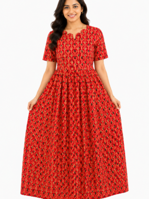 YANIRA Maxi Style Jaipur Cotton Nighty | Frock Style Nightgown (Red Tribal Stripe)