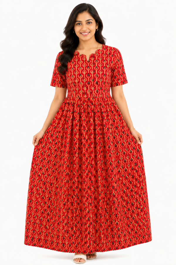 YANIRA Maxi Style Jaipur Cotton Nighty | Frock Style Nightgown (Red Tribal Stripe)