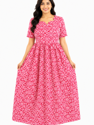 YANIRA Maxi Style Jaipur Cotton Nighty | Frock Style Nightgown (Light Green Petal Design)