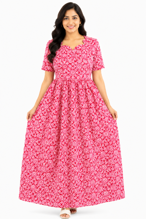 YANIRA Maxi Style Jaipur Cotton Nighty | Frock Style Nightgown (Light Green Petal Design)