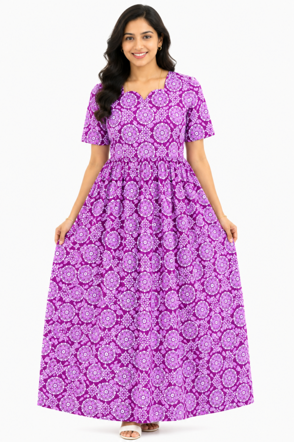 YANIRA Maxi Style Jaipur Cotton Nighty | Frock Style Nightgown (Royal Purple Circle Print)