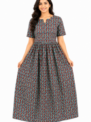 YANIRA Maxi Style Jaipur Cotton Nighty | Frock Style Nightgown (Ruby Aqua Tribal Stripe)